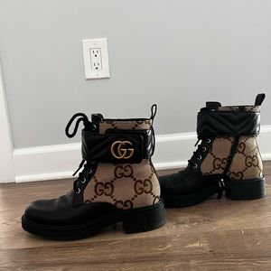 Gucci Marmont GG Canvas Lace Up Combat boots